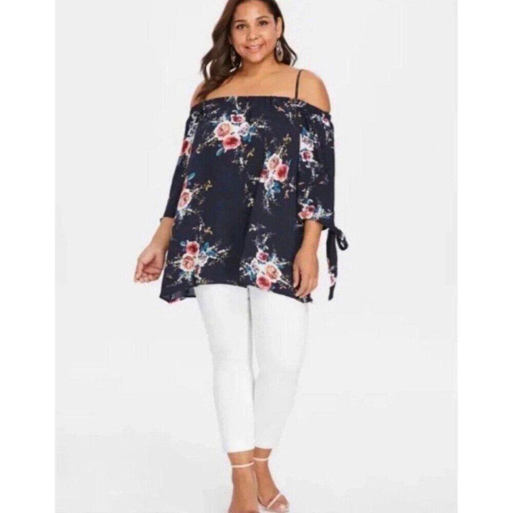 Zaful Women XL Blue Pink Cold Shoulder Floral 3/4 Sleeve Tunic Blouse Top